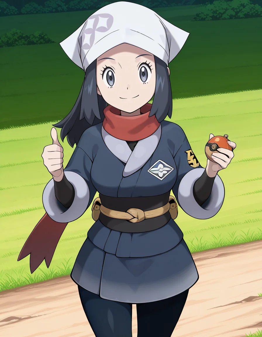 Akari (POKEMON LEGENDS),black hair,black eyes,galaxy expedition team survey corps uniform,head scarf,red scarf,black pantyhose,(both hand thumbs up:1.2), (((closed mouth))),day, ((grass)),outdoors,(blush:-1),(holding poke ball:1.2),
(solo:2),(pov:2.5),
looking at viewer,
medium breasts,
perky breasts,explicit,best quality,very aesthetic,absurdres,16k,intricate detail,amazing quality,(bold:3.12),thick outline,black outline,harsh lines,soft lines,deluster,boldline,curvy,slim,
smile,
(anime screencap),(anime coloring:1.2),anime screenshot, animated painting, animated gif,2d cel anime,anime cap,anime,anime style,anime cel,Cel shading,cel shaded,soft brightness,perfect face,perfect nose, perfect hair, perfect eyes,perfect female body,perfect skin,a face of perfect proportion,perfect lighting,perfect anatomy,perfect proportion,perfect hands,perfect legs,perfect fingers,masterpiece,super fine illustration,detailed linework,vibrant colors,kawaii,flat color,
<lora:ãã±ããã¢ã³ã¹ã¿ã¼ã·ã§ã¦illustriousPokemonAkariillustrious-000017:1:0.8>