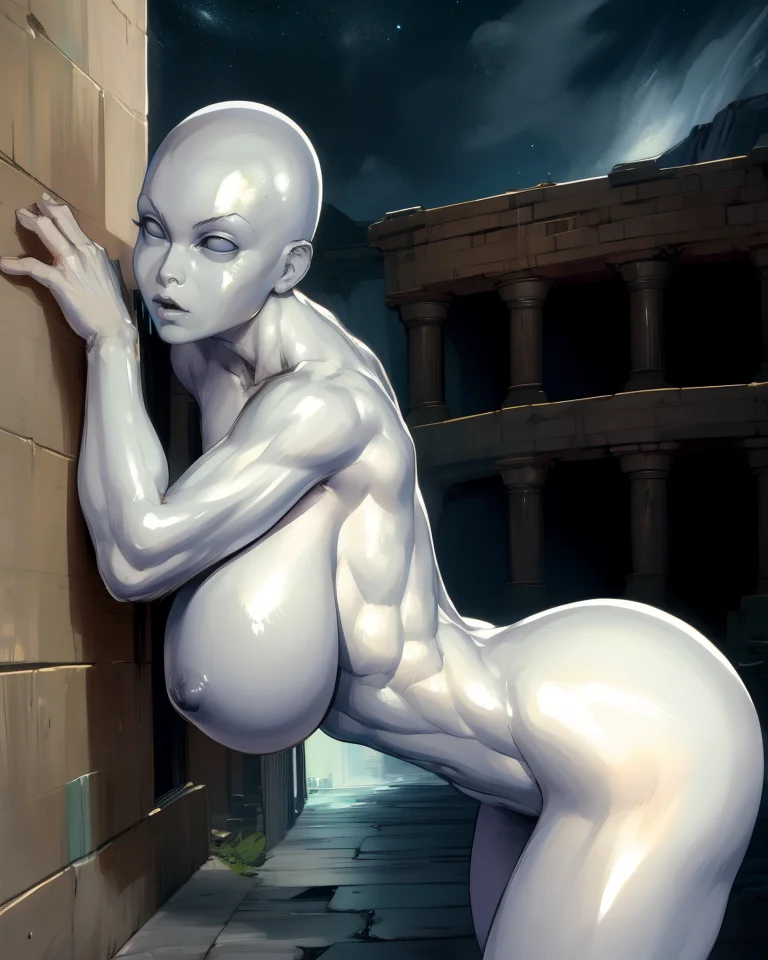 dural,bald,monochrome skin,shiny skin,no pupils,android,chrome skin,white eyes,no eyebrows,
standing,nude,large breasts,leaning forward,
night,stars,arena,solo,
(insanely detailed, masterpiece, best quality),<lora:dural-10VF5v9:0.9>,