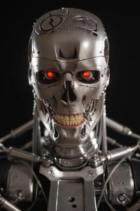 T800_Endo, Terminator robot, score_9, score_8_up, score_7_up, (source_IRL, source_movie), cinematic, realistic, masterpiece, high quality, highres RAW photo, ((close-up shot, close-up head shot, front view))
a T800_Endo Terminator Robot with red eyes, he is made of metal, he is made of shiny chrome metal, new, clean, <lora:T800_Endo_Terminator_Pony-000010:1>
(standing)
black background
dynamic lighting, highly detailed, intricate details