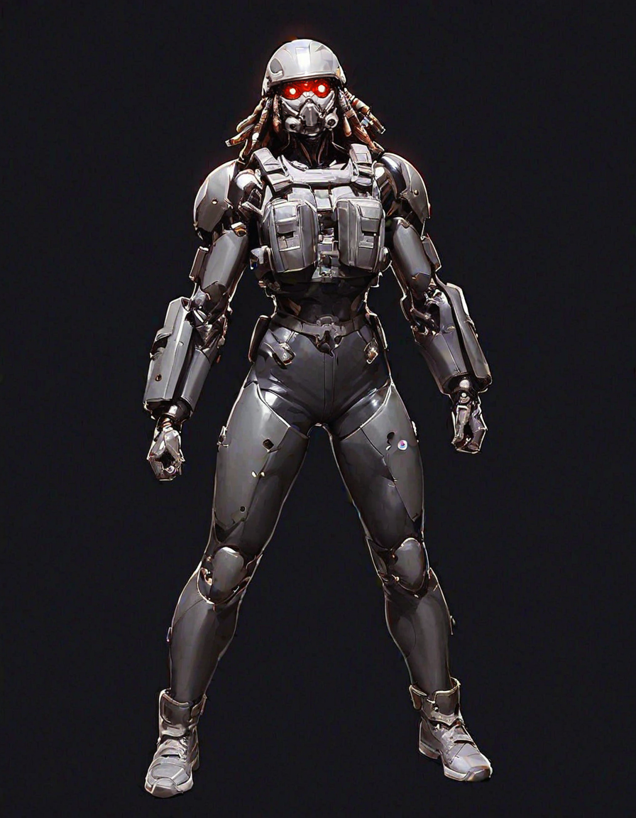 score_9, score_8_up, score_7_up, score_6_up, score_9_up, score_8_up,score_9, zPDXL3,
masterpiece, best quality, good quality, very aesthetic, absurdres,
zPDXL3, realistic,  full body, action pose,
(1girl:1.1),  no mouth, combat helmet, 
solo, DemonEngin3, no humans, mechanical eyes, robot, mecha, (green glowing eyes:1.4), six eyes, (bronze cyborg body:1.5), metal and plastic skin, torn clothing, science fiction, cyborg, mechanical parts, many arms, god engine, humanoid robot,( white dreadlocks:1.4),  priest ,tech mechanicus, adeptus mechanicus, female,  (four arms:1.7),  (exposed muscle,:1.6) (exposed bone,:1.2) 
science fiction, combat boots, 
 flat color,
 simple background, vivid solid black background, 
<lora:add-detail-xl:1> <lora:Cyberdemon_Engine-Grim:1.2>