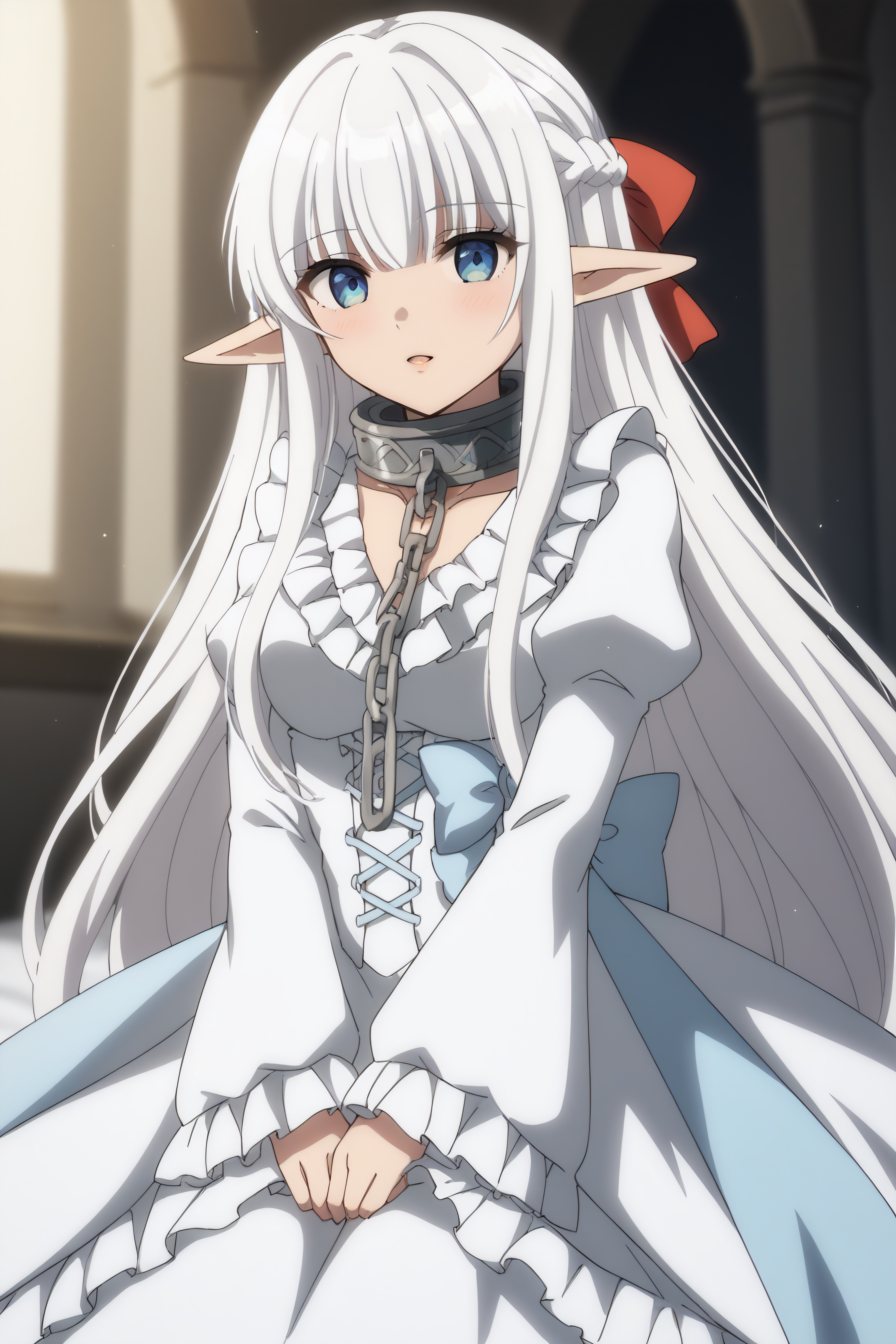 score_9, score_8_up, score_7_up, BREAK source_anime, <lora:Nephelia-PonyXL-lora-faxtron:0.8> nephelia, elf, blue eyes, white hair, long hair, metal collar, white dress, long sleeves, puffy sleeves,