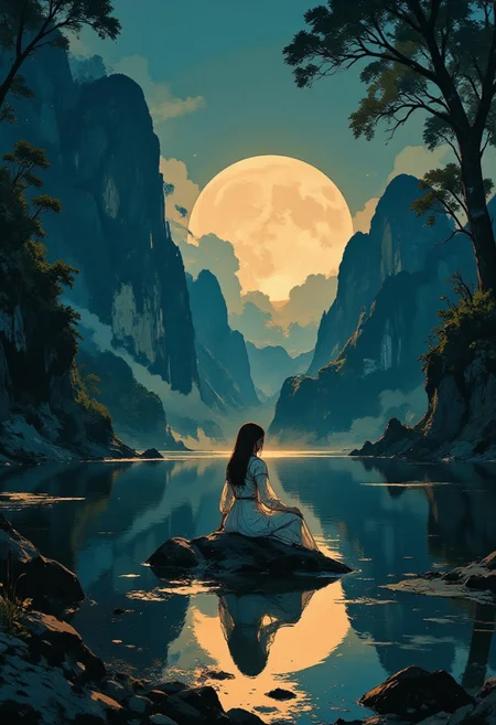 A serene and ethereal nighttime scene featuring a lone woman seated on a rock in the middle of a calm lake, bathed in the soft glow of a luminous full moon. The woman faces the horizon, her back to the viewer, wearing an elegant white gown with intricate lace detailing that reflects the moonlight, creating a soft and glowing effect. Her long, brown hair is loosely tied, complementing the tranquil ambiance.
The surrounding landscape consists of towering cliffs and lush tropical foliage, their silhouettes softly illuminated by the golden hues of the moonlight. The lake's surface is perfectly still, mirroring the moon and the figure's reflection with a subtle ripple effect, adding depth to the composition. The moon itself is large and radiant, casting a magical golden path across the water, leading directly to the seated figure.
The atmosphere is quiet and introspective, with the interplay of light and shadow creating a dreamlike quality. The color palette blends deep blues and soft yellows with touches of green, evoking a sense of wonder and peace. This composition captures the harmony of nature, solitude, and celestial beauty, perfect for evoking a mystical and timeless aesthetic.
 in the style of cksc,