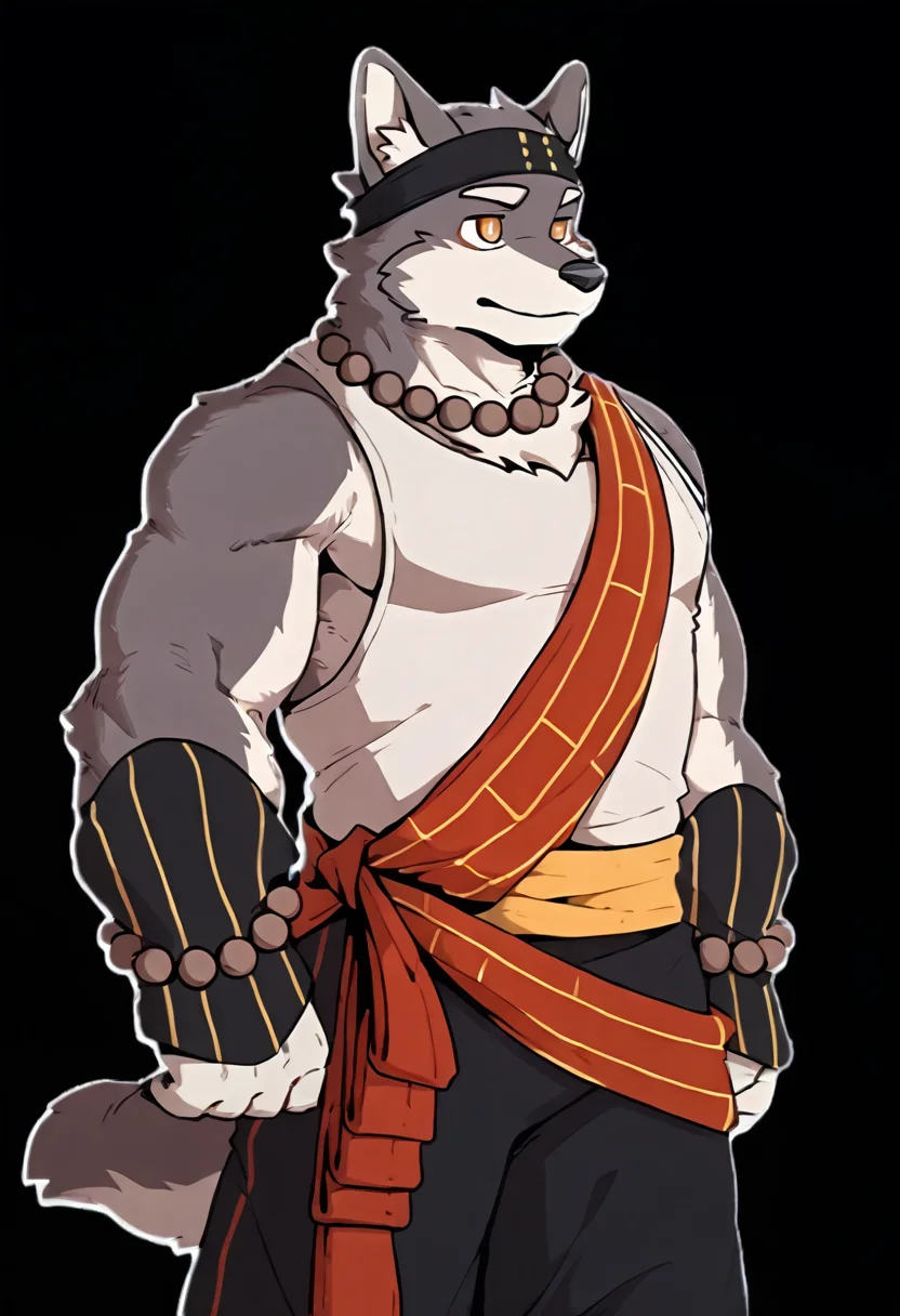 solo,
triratna(threefold recital), muscular,
black scarf, white vest, red sash, black wristband, yellow belt, black pants, prayer beads necklace, prayer beads bracele, red stirrup socks,

