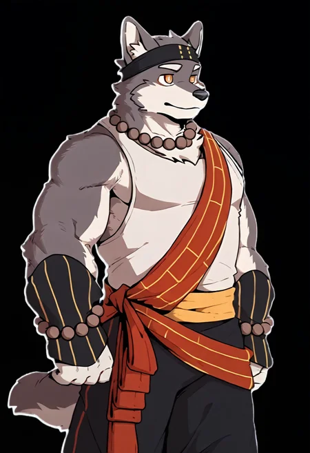 solo,
triratna(threefold recital), muscular,
black scarf, white vest, red sash, black wristband, yellow belt, black pants, prayer beads necklace, prayer beads bracele, red stirrup socks,

