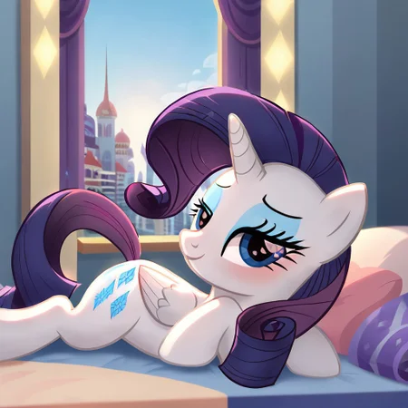 (Best Quality:1.5), (Rarity:2), ( pony:1.3), ( Alicorn:1.5), wings, solo, seductive pose, high res, looking at viewer, show accurate, bedroom eyes, front, bedroom, smiling, indoor,( modern apartment:1.5), laying down, bed, heart on eyes, windows, modern and minimalist cityscape background, noon, sunny blue sky, bed