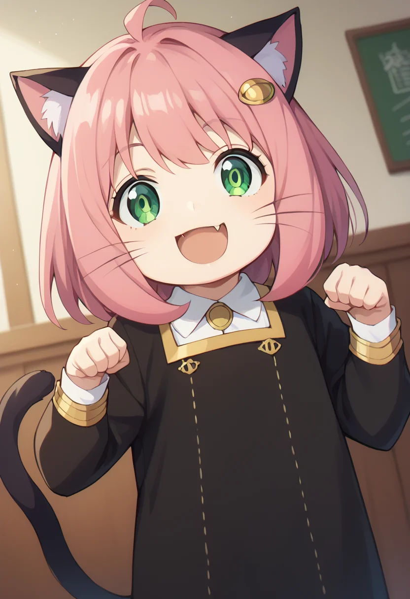 score_9,score_8_up,score_7_up,1girl,<lora:paw-pose-ponyxl-lora-nochekaiser:1>,paw pose,cat ears,cat tail,animal ears,tail,cat girl,open mouth,fang,whiskers,indoors,smile,cowboy shot,dutch angle,looking at viewer,<lora:anya-forger-ponyxl-lora-nochekaiser:1>,anya forger,bangs,green eyes,pink hair,ahoge,hair ornament,hairpods,child,female child,long sleeves,dress,school uniform,socks,black dress,eden academy school uniform,