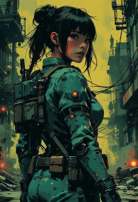Mh1$AgThS2, intricate linework with expressive contrasts, soft lighting with dynamic highlights, A digital artwork in the style of cknc, image of a Japanese space marine in teal power armour, long hair, bangs, holding an assault rifle in a dystopian ruined city