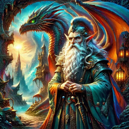 Old wizard with a long white beard with his dragon with cyberpunk enhancements., 1980s fantasy style, Masterpiece realistic, best high quality, perfect details, intricate details, nice lighting, detailed background,<lora:1980s_Fantasy_Style_SDXL:1.0>