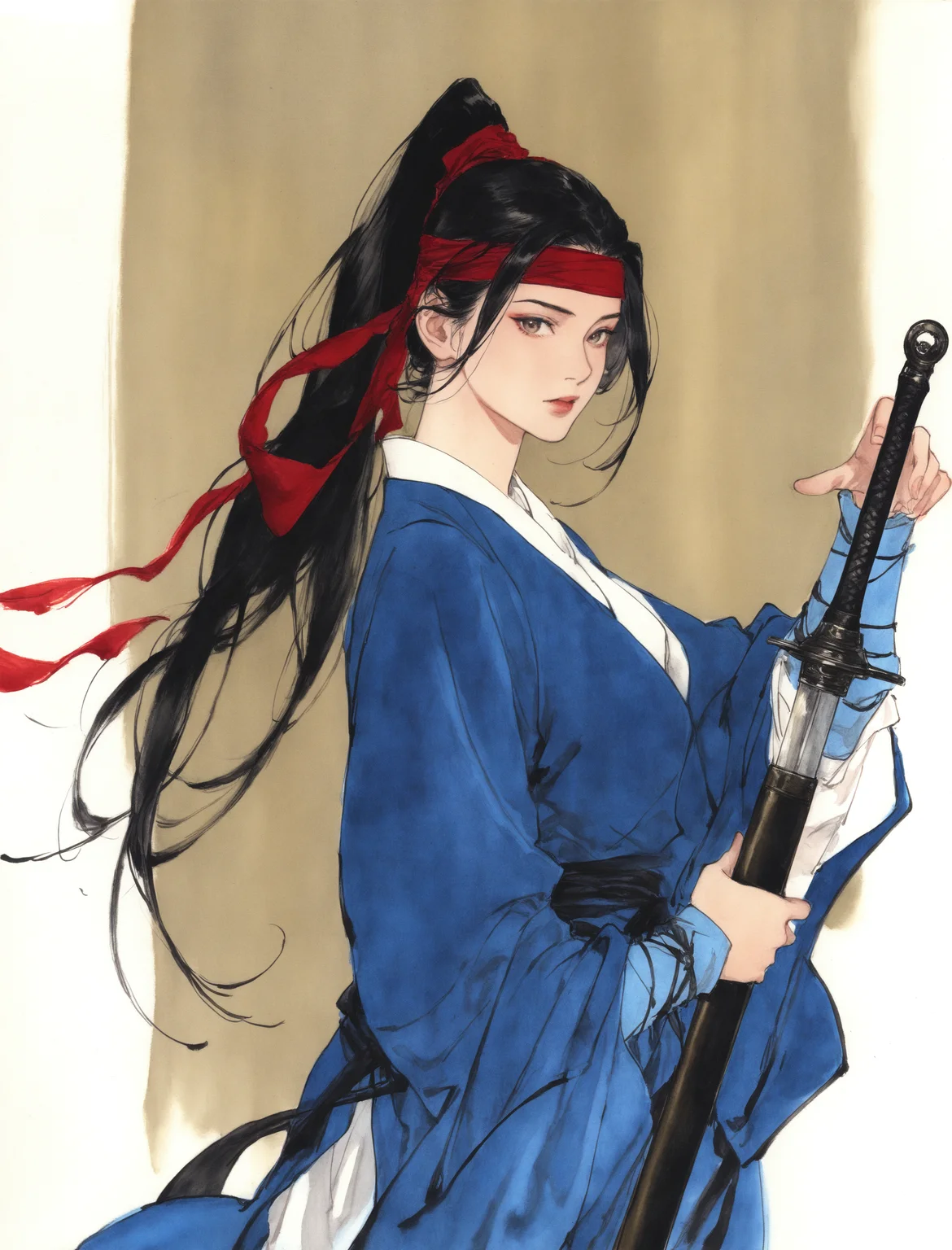 1girl, solo, long hair, looking at viewer, black hair, long sleeves, holding, ponytail, weapon, sword, holding weapon, from side, headband, traditional media, red headband
masterpiece, absurdres,
<lora:freehandink_V1:1>