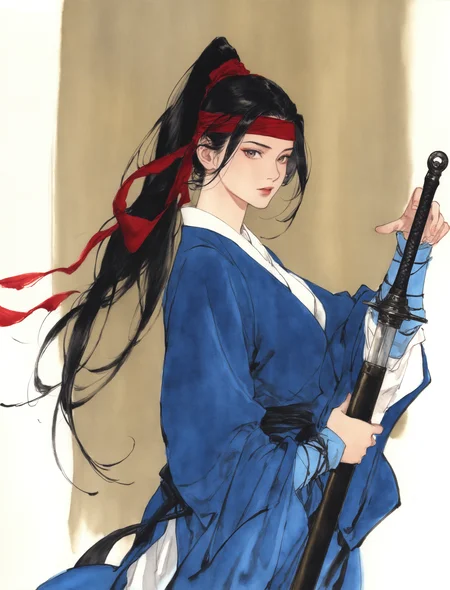 1girl, solo, long hair, looking at viewer, black hair, long sleeves, holding, ponytail, weapon, sword, holding weapon, from side, headband, traditional media, red headband
masterpiece, absurdres,
<lora:freehandink_V1:1>