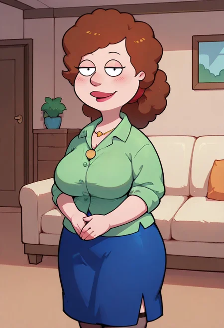 score_9,score_8_up,score_7_up,score_6_up,best quality, 1girl, solo, living room, couch, indoors,
BREAK
unnamed girl, brown hair, black eyes, (mature female:1.5), (plump:1.2), large breasts, gigantic hips, green sweater, rolled up sleeves, blue skirt, stockings, own hand together, blush, smile, looking at viewer, long skirt, half-closed eyes, necklace,
