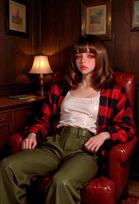 GoonJam, photo of a young woman sitting in a vintage leather armchair in a dimly lit, cozy room. she has fair skin, shoulder-length wavy brown hair with bangs, and is wearing a white tank top under a red and black plaid shirt. high-waisted olive green pants, relaxed fit. she has a thoughtful expression, looking slightly to the side. background features dark wood paneling, framed artwork on the wall, a vintage glass lamp with a warm glow on a wooden side table. the lighting is soft and moody, casting gentle shadows. the room has a classic, slightly worn aesthetic. realistic style, cinematic lighting, cozy atmosphere.