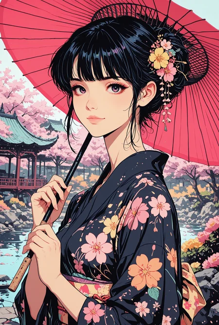 masterpiece, best quality, good quality, very aesthetic, absurdres, newest, 8K, focused subject, close up, detailed_eyes, sexy, detailed, hyper-detailed, detailed, 
BREAK, black_hair, colorful floral kimono, petite body, medium breasts, traditional japanese flower hair ornament,
BREAK, confident expression, sexy pose, bedroom_eyes, (holding traditional japanese umbrella),
BREAK, solo, detailed_background, japanese castle, zen garden, cherry blossom trees, colorful flowers, pond, gazebo, looking at viewer, close up <lora:ck-neon-retrowave-IL-000012:0.8> <lora:ck-Ncore-anime-IL-000012:0.6> <lora:ck-shadow-circuit-IL-000012:0.75> <lora:MoriiMee_Gothic_Niji_Style_Illustrious_r1:0.45>