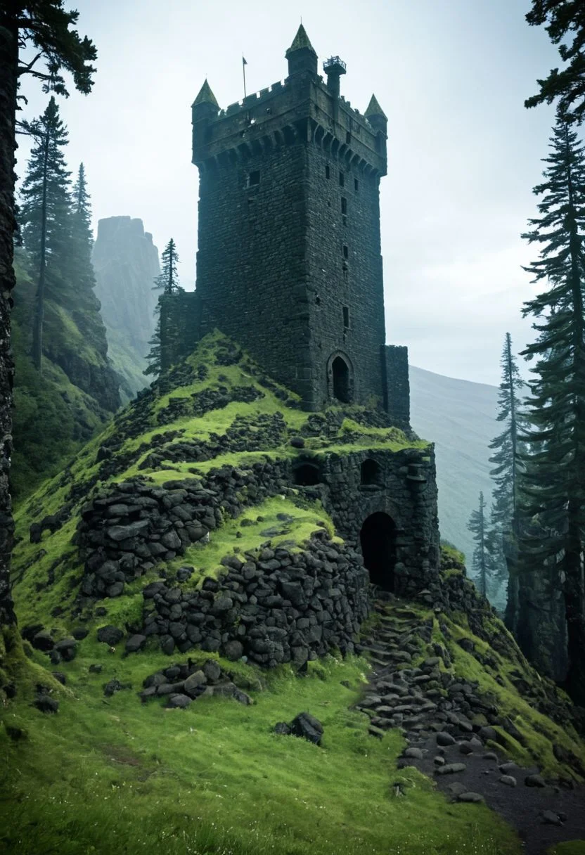 <lora:TheWeirdies_epoch_10:0.78>, epiCPhotoGasm-colorfulPhoto , advntr ,
score_9, score_8_up, score_7_up, score_6_up
Durlag's Tower was a large tower that was said to be haunted by a powerful entity, as well as one that housed immeasurable treasure. ((game of thrones aesthetic)), The fortress was located south of the Wood of Sharp Teeth, a couple of miles from the small settlement of Gullykin. The tower was built entirely of volcanic stone and was in fair condition given the amount of time and neglect involved. It laid atop a volcanic plug that dominated the surrounding lands. Durlag Trollkiller, aided by hired dwarves, was said to have hollowed out the mountain for the rock that made up his tower and used the space created to hide further treasure. This local landmark was the isolated keep of Durlag Trollkiller, son of Bolhur the Clanless, a dwarven hero said to have amassed a large quantity of treasure and stored it here and in a few other locations. This treasure was protected by all manner of magical wards and mechanical traps, the latter of Durlag's own devising. Many adventurers sought his treasure over the decades, with varying degrees of success. Around 1372 DR, rumors said a fiend had taken up residence within the remains of the tower and used the defenses created by Durlag to keep both itself and the treasure safe. Some claimed that this creature was a lich.
no humans
((massively large tower fortress, dark woods surround, built of volcanic stone, mountain, dark))