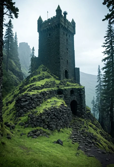 <lora:TheWeirdies_epoch_10:0.78>, epiCPhotoGasm-colorfulPhoto  , advntr ,
score_9, score_8_up, score_7_up, score_6_up
Durlag's Tower was a large tower that was said to be haunted by a powerful entity, as well as one that housed immeasurable treasure. ((game of thrones aesthetic)), The fortress was located south of the Wood of Sharp Teeth, a couple of miles from the small settlement of Gullykin. The tower was built entirely of volcanic stone and was in fair condition given the amount of time and neglect involved. It laid atop a volcanic plug that dominated the surrounding lands. Durlag Trollkiller, aided by hired dwarves, was said to have hollowed out the mountain for the rock that made up his tower and used the space created to hide further treasure. This local landmark was the isolated keep of Durlag Trollkiller, son of Bolhur the Clanless, a dwarven hero said to have amassed a large quantity of treasure and stored it here and in a few other locations. This treasure was protected by all manner of magical wards and mechanical traps, the latter of Durlag's own devising. Many adventurers sought his treasure over the decades, with varying degrees of success. Around 1372 DR, rumors said a fiend had taken up residence within the remains of the tower and used the defenses created by Durlag to keep both itself and the treasure safe. Some claimed that this creature was a lich.
no humans
((massively large tower fortress, dark woods surround, built of volcanic stone, mountain, dark))