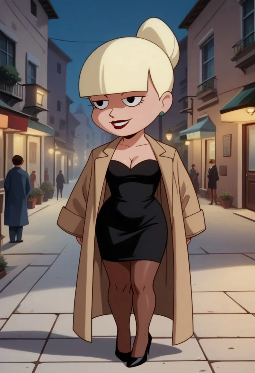 score_9, score_8_up, score_7_up, score_6_up, score_5_up, Mary_Dahl_Mature, blonde hair, blunt bangs, single hair bun, hair bun, black eyes, 1girl, solo, (chibi, short, very short:0.5), black dress, cleavage, high heels, pantyhose, smile, lipstick, full body, detailed background, outdoors, street, night, trechcoat, open coat. neolight