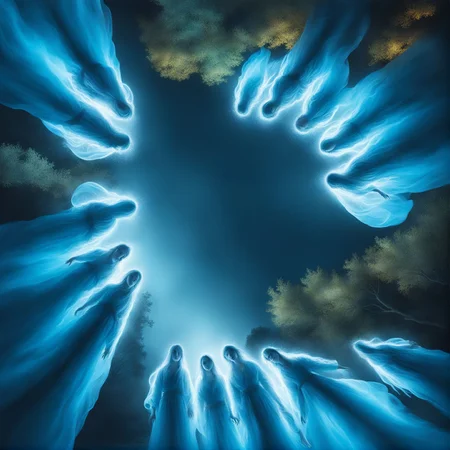 Below Huddled stream of ethereal spirits glowing in light blue during night  <lora:SDXL_Below-Huddled_LoRA:1>
