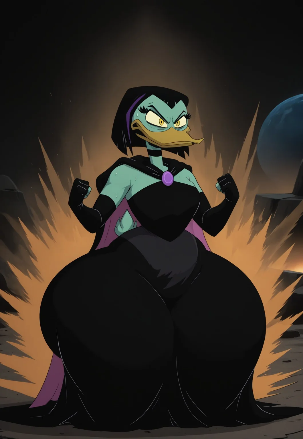 embedding:urn:air:sd1:embedding:civitai:222256@250708, score_9, score_8, score_7, score_6, solo, huge butt, wide hips, thick thighs, hyper hips ((gigantic ass)), prominent belly, prominent tummy, plump, voluptuous, mad, sweat, frown,
1girl, magica de spell, female, anthro, duck, beak, ducktales, black hair, scut tail, green skin, white skin, yellow eyes, eye bags, eyeliner, orange legs, webbed feetelbow gloves, fingerless gloves, cape, black dress, choker,
mature female, Ki Charge, aura, fighting stance, white aura, clenched hands, full body