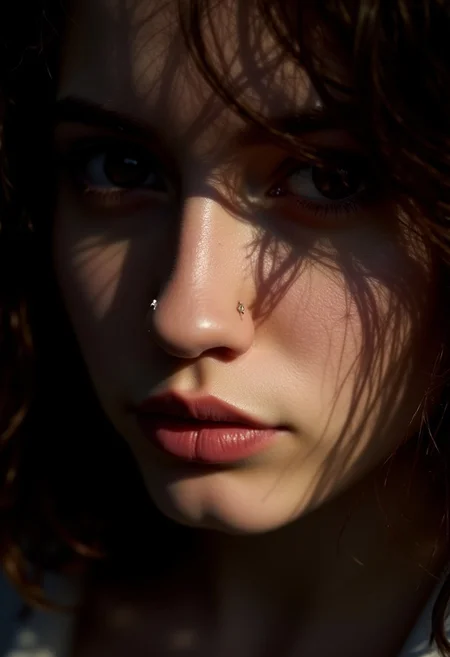 A close-up of a girl with brown hair and piercings. Her lips are parted, and the sunlight creates contrast with the dark theme, adding depth to her realistic features.