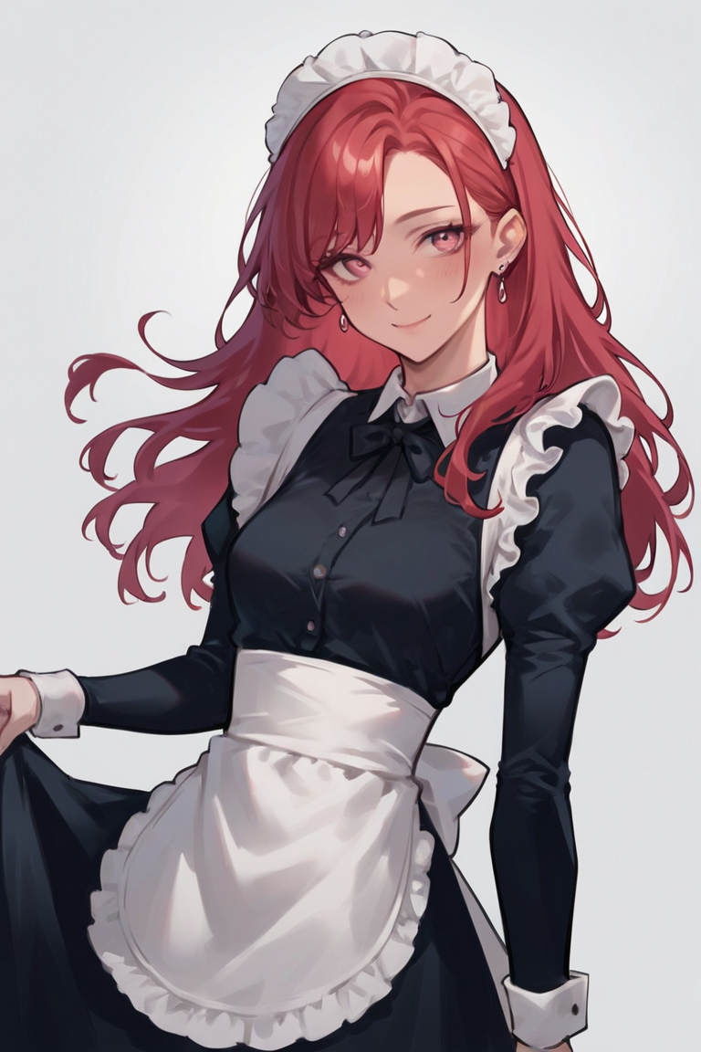 score_9, score_8_up, score_7_up, score_6_up, score_5_up, score_4_up, rating_safe, 1girl, breasts, solo, blush, maid headdress, maid, looking at viewer, smile, grey background, simple background, apron, red hair, long hair, small breasts, closed mouth, pink eyes, long sleeves, earrings, jewelry, maid apron, spot color, dress <lora:Smooth Style LoRA XL:1>