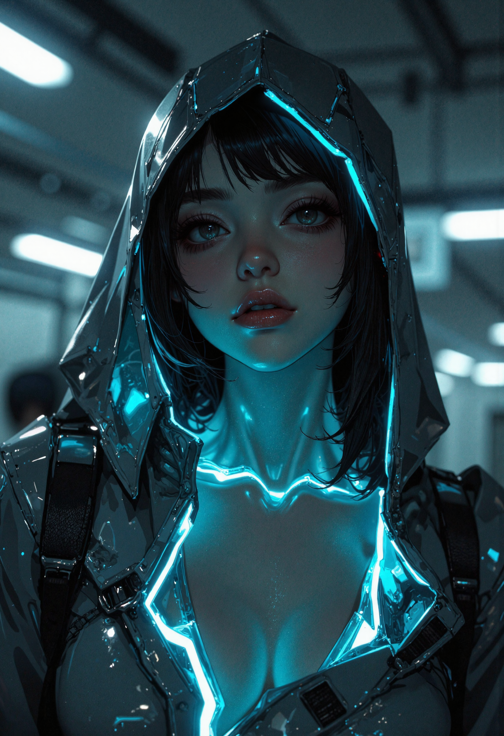 masterpiece, high-quality, hyperdetailed, refined details, best quality, high resolution, A figure partially obscured by a sleek, bioluminescent exosuit, only the bare neck and collarbone are visible, framed by the suits glowing contours, the suit emits a soft, pulsating light that highlights the exposed skin, background is blurred and suggests a high-tech urban environment, medium shot focusing on the exposed skin and the exosuits luminescence, Style is Cybernetic Exosuit Suggestion, focus on bioluminescent light and skin contrast, technologically sensual, sense of hidden form and futuristic allure, <lora:FLUX\Anime v1.3:0.5> <lora:FLUX\MoriiMee_Gothic_Niji_Style_FLUX:0.8> <lora:FLUX\sxz-Valorant-v3-Flux:0.4>