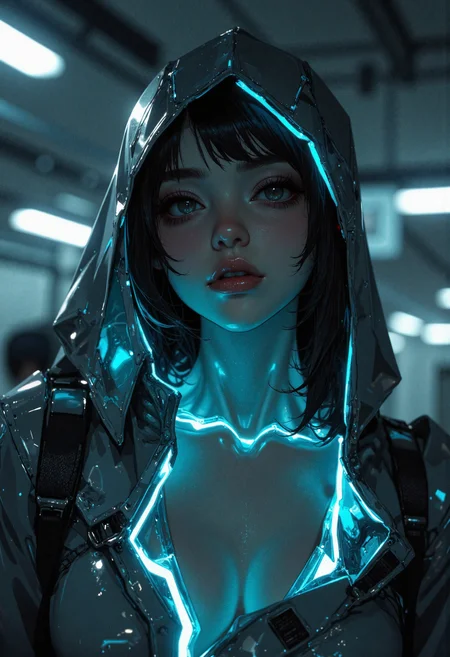 masterpiece, high-quality, hyperdetailed, refined details, best quality, high resolution, A figure partially obscured by a sleek, bioluminescent exosuit, only the bare neck and collarbone are visible, framed by the suits glowing contours, the suit emits a soft, pulsating light that highlights the exposed skin, background is blurred and suggests a high-tech urban environment, medium shot focusing on the exposed skin and the exosuits luminescence, Style is Cybernetic Exosuit Suggestion, focus on bioluminescent light and skin contrast, technologically sensual, sense of hidden form and futuristic allure, <lora:FLUX\Anime v1.3:0.5> <lora:FLUX\MoriiMee_Gothic_Niji_Style_FLUX:0.8> <lora:FLUX\sxz-Valorant-v3-Flux:0.4>