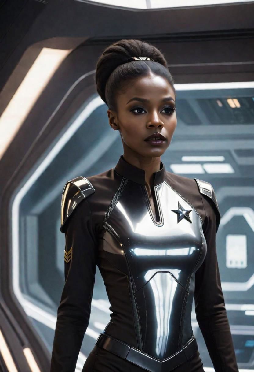 a waist-up photograph of a dark skinned woman wearing <mirroruni> in black, black star trek uniform, looking sideways towards the camera, long black hair, big brown eyes, standing in a futuristic spaceship, in front of a window showing space in the background, cowboy shot