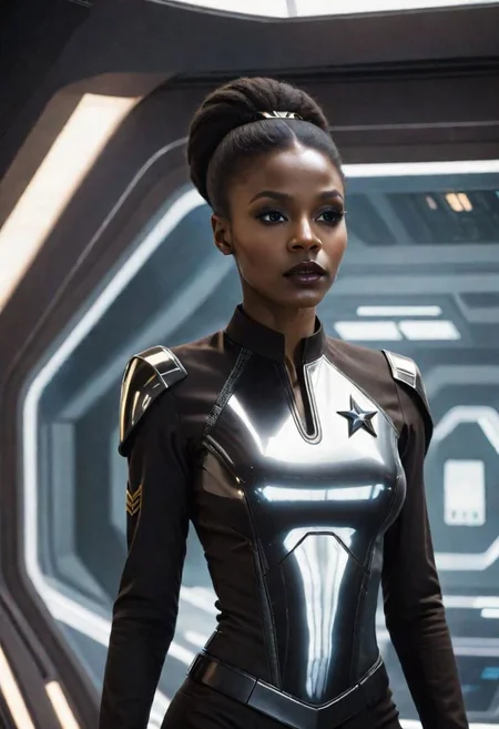 a waist-up photograph of a dark skinned woman wearing <mirroruni> in black, black star trek uniform, looking sideways towards the camera, long black hair, big brown eyes, standing in a futuristic spaceship, in front of a window showing space in the background, cowboy shot
