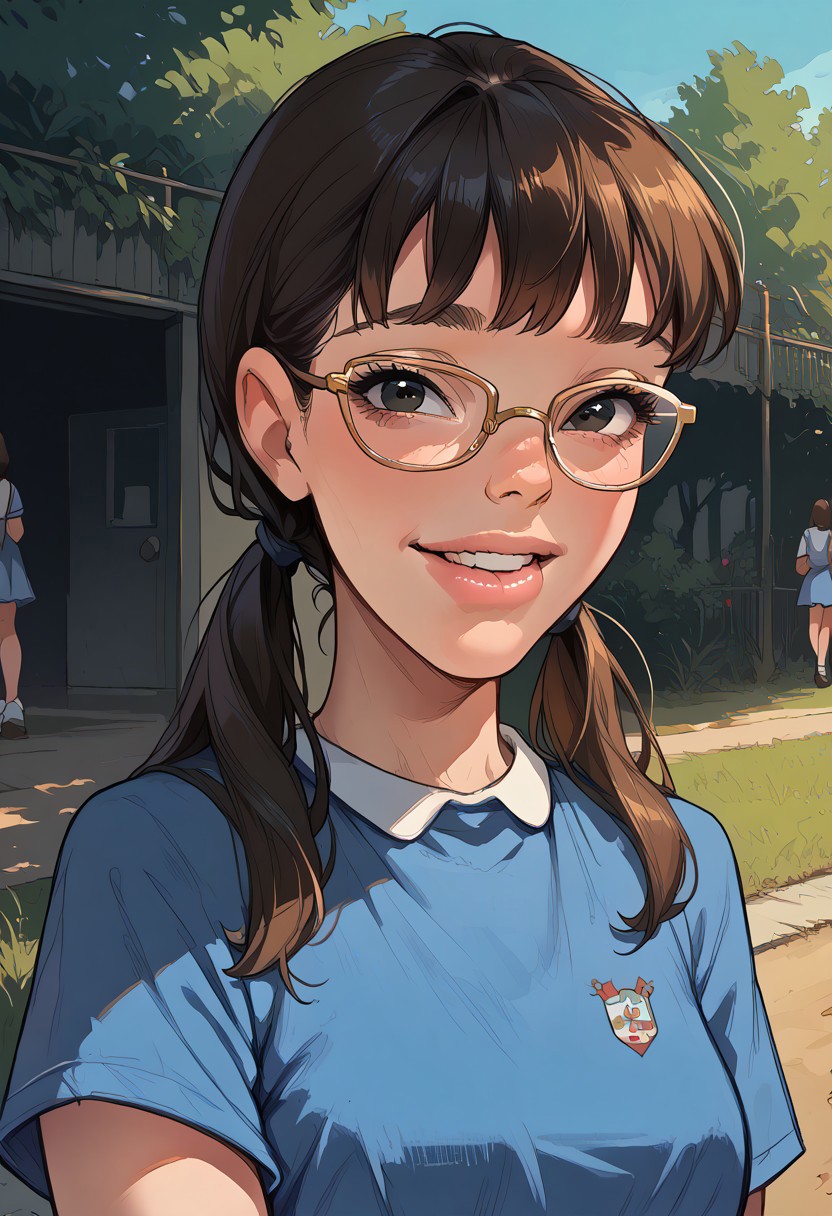 score_9, score_8_up, score_7_up, score_6_up, rating_safe, realistic, solo focus, a woman, perfect cute face, looking at viewer,
nat, thick lips,  mature, beautiful face, gretchen,black eyes,large glasses,low twintails,buck teeth, blue dress,short sleeves, standing,upper body, school yard,outdoors,