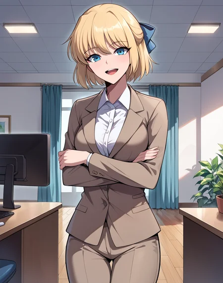 teresa_du_laurentia, blonde hair, blue eyes, short hair, hair bow, formal clothes, brown jacket, white shirt, open hacket, brown pants, breasts, BREAK indoors, office BREAK looking at viewer, sexy face, sexy smile, open mouth, cowboy shot, crossed arms BREAK score_9, score_8_up, score_7_up, source_anime ,zPDXL, <lora:Teresa_du_Laurentia:0.8>, manhwa, solo