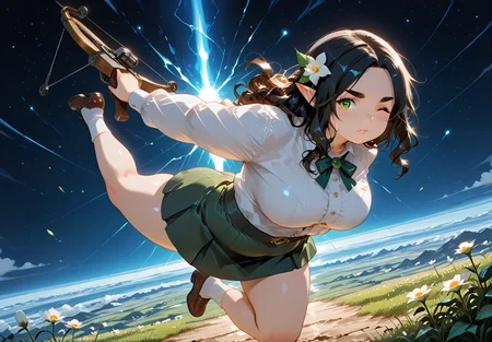 IllusP0s, PonyScores7, source_anime, ah1, IllustriousQual, interesting, exciting, spectacular, wonderful, amazing quality, absolutely eye-catching,
BREAK <lora:xl_more_art-full_v1:0.2>, <lora:aesthetic_anime_v1s:0.2>, <lora:EpicF4nta5yXL:0.2>, <lora:detailxl:0.2>, detailxl, <lora:Fant5yP0ny:0.2>, amazing quality, best aesthetic, absurdres, illustration, Volumetric_Lighting, ultra-detailed, very aesthetic, intricate details, best_quality, lazympos, <lora:Add_Details_v1.2:0.4>, <lora:quality_modifiers_masterpieces_v1:0.2>, <lora:ZootPonyAnime_V1_r2:0.2>, <lora:Bestifacator2:0.2>, anime style,
BREAK ((((Balancing:1.2) on one leg with arms extended outward, head held neutral, and torso upright, maintaining perfect equilibrium in a graceful, poised manner))), <lora:DynamicPoseIL2att_alpha1.0_rank4_noxattn_900steps:0.8>, dynamic pose, foreshortening, extreme perspective,
BREAK Stable_Yogis_PDXL_Positives, AS-Adult, <lora:Complicated fantasy portrait - XL Pony V2.0:0.2>, bad-hands-5, <lora:HDA_Detailer:0.3>, <lora:natsumi_style:0.2>, <lora:by_usakun-pony:0.2>, by usakun, <lora:Akina_Bbw_Style_-_PonyXL:0.2>, AkinBw, (((Ground level, (from back), focus on waist))),
BREAK 1girl, mature female, (curvy), round-chin, caucasian, <lora:ETO_OC_Illustrius:0.5>, eto_oc, skindentation, (plump), thick thighs, wide hips, busty, voluptuous, <lora:plussizegirls_IL:0.3>, <lora:plussizegirls_pony:0.3>, <lora:Venus body IXLS3_alpha16.0_rank32_full_last:0.3>, <lora:shinyskin2:0.2>, glistening skin, HDA_FatGirlXL, round ass, large breasts, <lora:perfection style:0.2>, perfection style, perfection,
BREAK ((<lora:GCLire:0.8>, GCLire, pointy ears, elf, green clothes, skirt, bow, crossbow, archer, flower on hair, ornamental bow)),
BREAK (curly hair), long hair, (black hair:1.4), (parted hair:1.7), messy hair, kinky curls, <lora:hairdetailpxl:0.2>, hairdetailpxl,
BREAK (half green and brown eyes), (colorful eyes), (multicolored eyes), (downturned eyes:1.4), expressive eyes, <lora:perfect-eyes:0.4>, perfecteyes, EyesHD, (round face:1.2), (thick eyebrows:1.3), (plump face), <lora:Round_face:0.2>, lips, <lora:DetailedEyes_xl_bdsqlsz_V1:0.2>, <lora:Eyes_Lora_Pony_Perfect_eyes:0.2>, <lora:focusoneyes:0.2>, <lora:cinematic eye color style illustrious v1:0.2>, <lora:fdsf:0.2> HDEYES, <lora:eyes_enhancer_V3:0.2>,
BREAK (((wince expression))), <lora:Expressive_H:0.2>, Expressiveh, <lora:Emotional_Anime_Expressions_PonyXL_Concept:0.2>, emotional, <lora:Best_Facial_Expression_LoRA_PONY:0.2>, looking at viewer, <lora:Detailed expressive EXEV style -XL Pony V1.0:0.2>, FaceDetail, <lora:Best_Facial_Expression_Helper_XTREME_ILLU:0.4>, kaogei,
BREAK (((A planet torn asunder, its fragments suspended in space, connected by glowing energy bridges, with rivers and lava cascading into the void))), <lora:Background Detailer - SDXL:0.2>, 4k, 8k, Ultra HD, Masterpiece, Best quality, Detailed background, <lora:Add_more_details_V2_XLpony:0.2>, full_details, <lora:background-type1:0.2>, <lora:AddMicroDetails_Illustrious_v2:0.2>, addmicrodetails, SmoothNoob_Quality, <lora:ani40o_stabilizer_v0.6:0.6>,