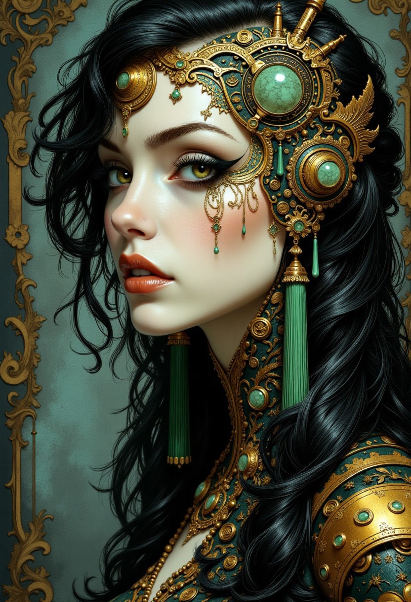 Film noir style, biomechanical style, ivory and ebony and gold and silver and jade amulet of full body Gray Ooze , Deborah Azzopardi, natural, shimmering, vibrant, gothic, rpg,1400ad, ultra detailed, detailed, immersive, reminiscent of high fantasy RPG games, HD, masterpiece, best quality, hyper detailed, super realistic, perfect face, perfect hands, award-winning, professional, breathtaking, dreary Glacier, horrible weather, stained glass style . vibrant, beautiful, translucent, intricate, detailed, blend of organic and mechanical elements, futuristic, cybernetic, detailed, intricate, Monochrome, high contrast, dramatic shadows, 1940s style, mysterious, cinematic