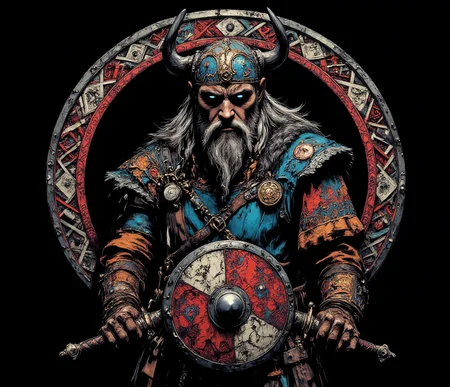 professional 3d model line art drawing <lora:ck-shadow-circuit:1> <lora:lora-Váhlgard_:1>Dirty paint.., art by Mike Mignola.This is a digital drawing in a highly detailed, intricate, and stylized art form, resembling a Viking or Norse-inspired design. The central figure is a bearded man with a stern expression, wearing a horned helmet adorned with intricate patterns in red, blue, and gold. His eyes are piercing blue, and his beard is long and flowing, with a mix of white and gray tones. He is dressed in elaborate armor with ornate details, including a chest plate and shoulder guards, all in shades of blue, red, and gold.Surrounding the figure is an ornate circular frame filled with intricate patterns and geometric shapes, predominantly in shades of blue, red, and white. The background is dark, enhancing the vivid colors and detailed textures of the central figure and frame. Below the figure, there is a shield with a red and white design, and two swords crossed behind the shield, also in a red and white pattern.The overall style is highly detailed and vibrant, with a mix of traditional and modern elements, reminiscent of both ancient Viking art and contemporary digital art. The image conveys a sense of strength, power, and historical grandeur through its rich, bold colors and intricate designs.
. . professional, sleek, modern, minimalist, graphic, line art, vector graphics . octane render, highly detailed, volumetric, dramatic lighting