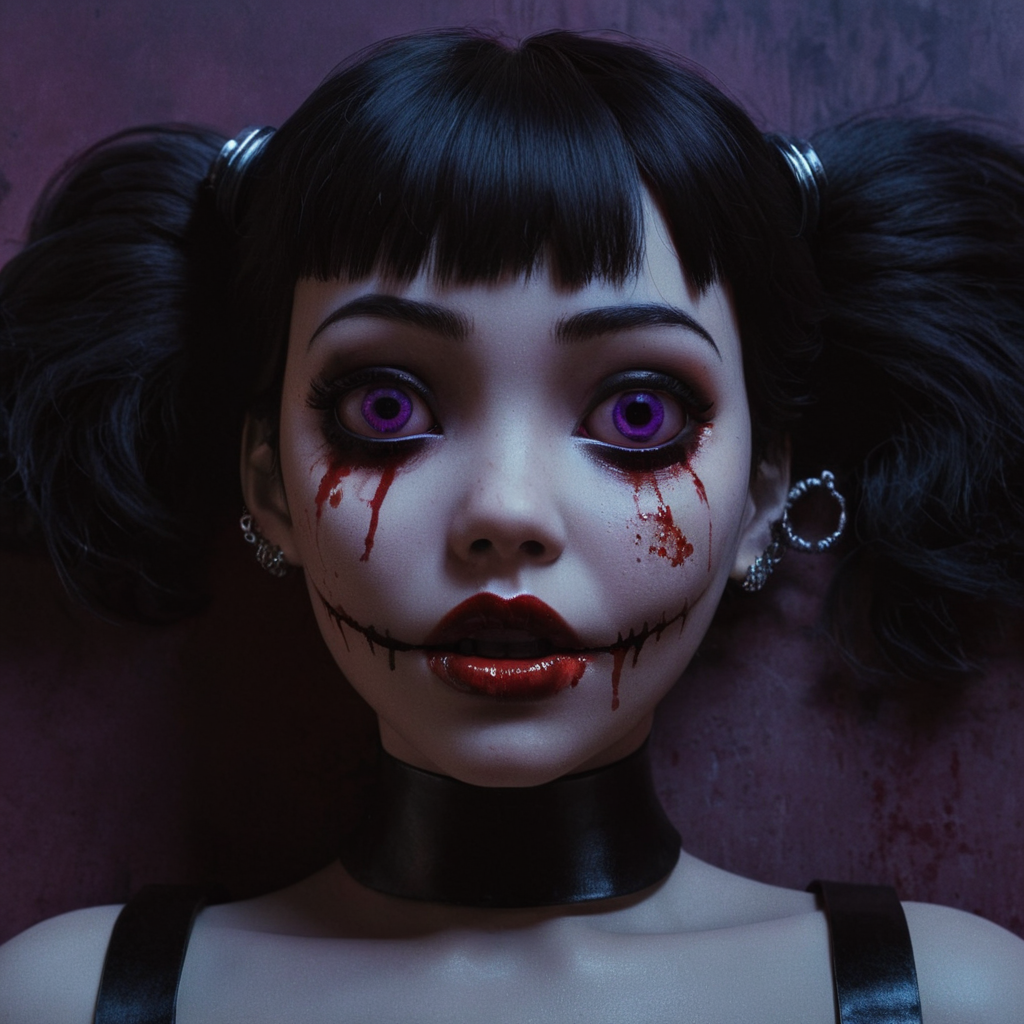 professional 3d model of  <lora:LoDe+Ro style:1>
a creepy doll with a bloody face and black eyes,1girl,solo,looking at viewer,bangs,black hair,twintails,jewelry,earrings,lying,parted lips,black eyes,blood,makeup,lipstick,portrait,blood on face,purple lips,black lips,LoDe+Robots Style,Love Death + Robots style,Love,Death & Robots style,animated,horror,dark,black,apocalyptic,dystopian,domination,high angle from above,staring , dramatic light, cyberpunk, LoDe+Ro style, octane render, highly detailed, volumetric, dramatic lighting