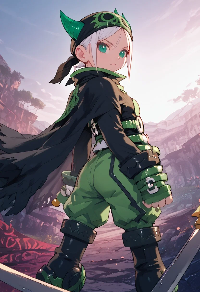 score_4,score_5,score_6,score_7_up,score_8_up,score_9 ((masterpiece,best quality,ultra detailed,highres,HD,4k:1.2)), 
1 girl, solo,solo focus,girl focus,face focus,
1girl,solo,girl focu,solo focus,face focus,
white hair,short hair,horns,green eyes,
bandana cap,cape,long sleeves,shirt,belt,green shorts,pantyhose,boots,green gloves,fingerless gloves,
holding knife,holding dagger,
frown,