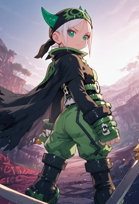 score_4,score_5,score_6,score_7_up,score_8_up,score_9 ((masterpiece,best quality,ultra detailed,highres,HD,4k:1.2)),
1 girl, solo,solo focus,girl focus,face focus,
1girl,solo,girl focu,solo focus,face focus,
white hair,short hair,horns,green eyes,
bandana cap,cape,long sleeves,shirt,belt,green shorts,pantyhose,boots,green gloves,fingerless gloves,
holding knife,holding dagger,
frown,