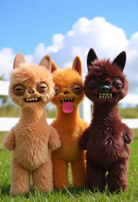 fugglers, A medium-close-up view of three different colored alpacas standing in a grassy field. They have squinty eyes, human teeth, long hair and look very fluffy. The alpaca on the left is facing the camera, while the other two are facing the right. They are all facing the same direction, and their bodies are slightly angled to the left. The back of the alpaca is slightly angled towards the left side of the image, and the front of the one on the right is facing towards the right side. Behind them is a white fence, and in the background is a blue sky with white clouds. Sunshine, sunny, funny picture
