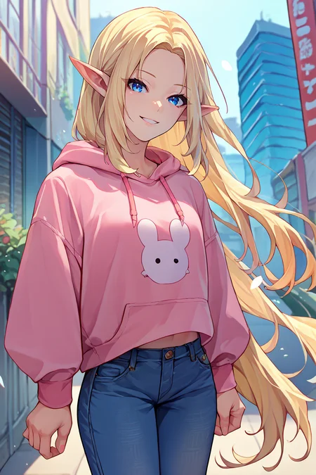 score_9, score_8_up, score_7_up, score_6_up, source_anime, 1girl, solo <lora:alpha-pdxl-nvwls-v1-000005:1> alpha, blue eyes, blonde hair, pointy ears, pink hoodie, jeans, looking at you, smile, city