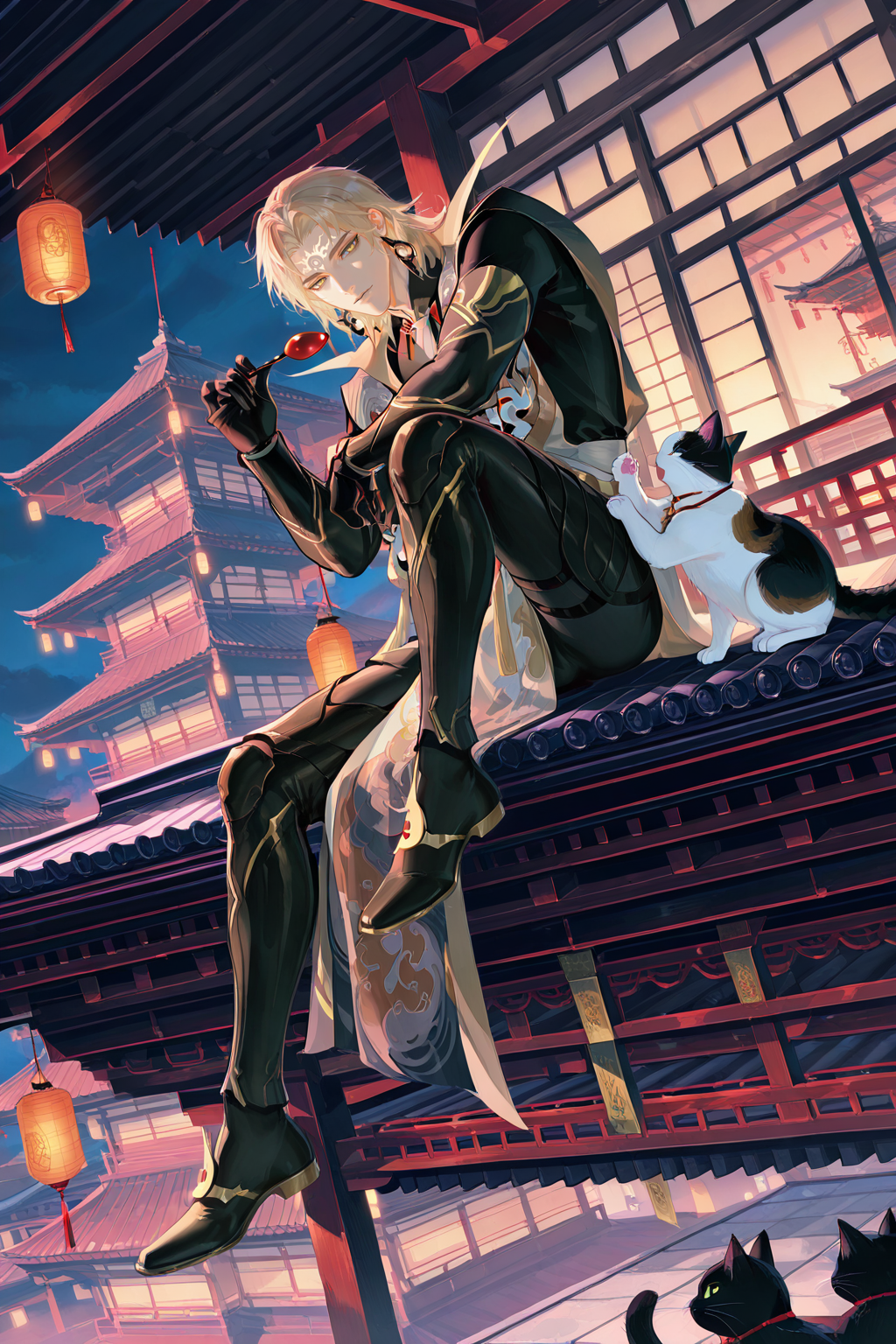 <lora:susanoo-IL:0.8>,susanoo, blonde hair, dishevelled hair, 1boy, male focus, cat, sitting, architecture, east asian architecture, gloves, yellow eyes, solo, holding, lantern, black gloves, forehead mark,bara,male focus,very awa,masterpiece,best quality,amazing quality,nsfw,uncersored,highres,best quality,amazing quality,best aesthetic,absurdres,