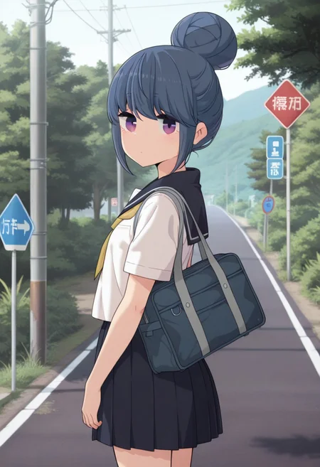 masterpiece,best quality,amazing quality, shima rin, blue hair, purple eyes, 1girl, solo, school uniform, outdoors, hair bun, bag, road sign, sign, school bag, single hair bun, serafuku, tree, looking at viewer, utility pole