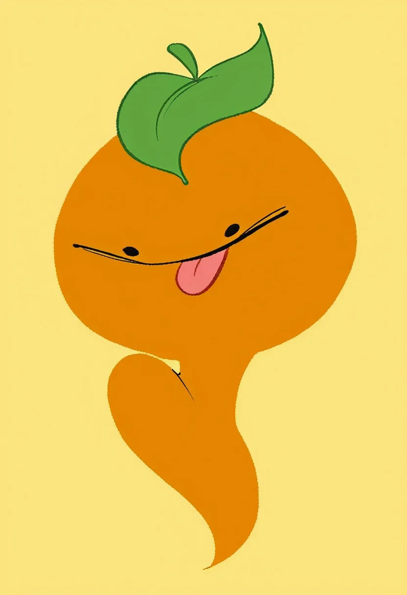 score_9, score_8_up, score_7_up, score_6_up, rating_safe, 1girl, Citrus, orange body, leaf on head, dot eyes, looking at viewer, silly, goofy, very up-close, sticking tongue out, :P, portrait, simple background,