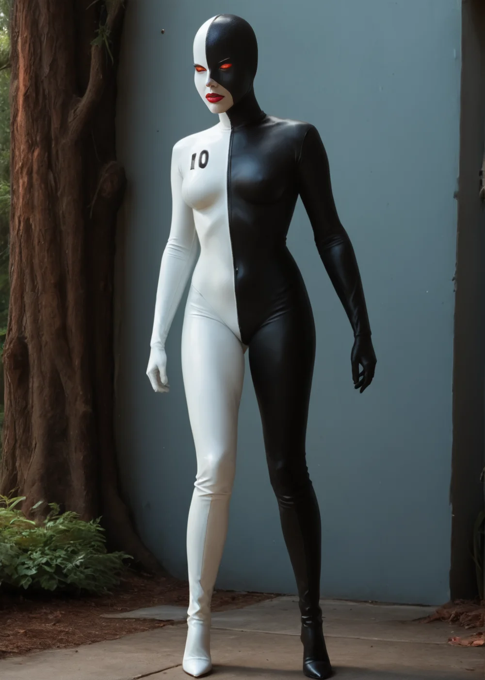 <lora:Ten_Batman_Beyond:1> tenbatmanbeyond, solo, lipstick, red eyes, breasts, red lips, makeup, bodysuit, no pupils, white bodysuit, black bodysuit, mask, boots, high heels, , realistic, photorealistic, portrait, score_9, score_8_up, score_7_up, (SUBJECT), highly detailed, high contrast, film grain, Rim Lighting, looking at viewer, (((masterpiece, best quality, high quality))), ((realistic anatomy)), ((full body:1.4)), front view, outdoors, forrest, trees, forrest background, ((pointy footwear:1.4)), (standing), angry face, angry, 4k, highres, 8k, arms at sides, (leather:1.2), BREAK, detailed background, detailed body, detailed face, centered, ((midweight))