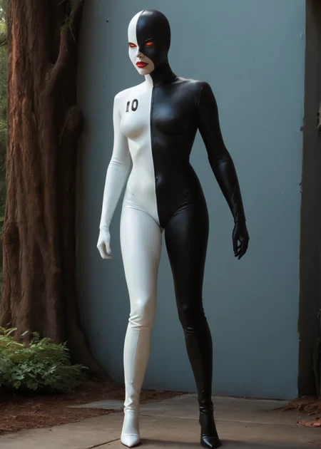 <lora:Ten_Batman_Beyond:1> tenbatmanbeyond, solo, lipstick, red eyes, breasts, red lips, makeup, bodysuit, no pupils, white bodysuit, black bodysuit, mask, boots, high heels, , realistic, photorealistic, portrait, score_9, score_8_up, score_7_up, (SUBJECT), highly detailed, high contrast, film grain, Rim Lighting, looking at viewer, (((masterpiece, best quality, high quality))), ((realistic anatomy)), ((full body:1.4)), front view, outdoors, forrest, trees, forrest background, ((pointy footwear:1.4)), (standing), angry face, angry, 4k, highres, 8k, arms at sides, (leather:1.2), BREAK, detailed background, detailed body, detailed face, centered, ((midweight))