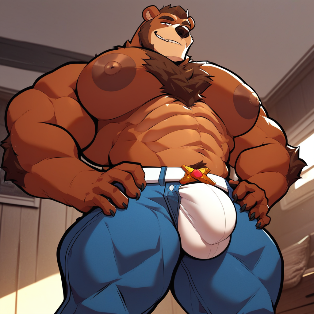 score_9, score_8_up, score_8, 2k, 4k, high res, furry, mango_juicebara, bear, brown fur, neck tuft, cartoon style, masterpiece, 2d (artwork), muscular male, bara, large nipples, huge pecs, thick thighs, wide hips, solo, low angle, chest focus, topless, blue jeans, belt, bulge, standing, hands on hips, smug expression, brown eyes, bedroom eyes, inside, house