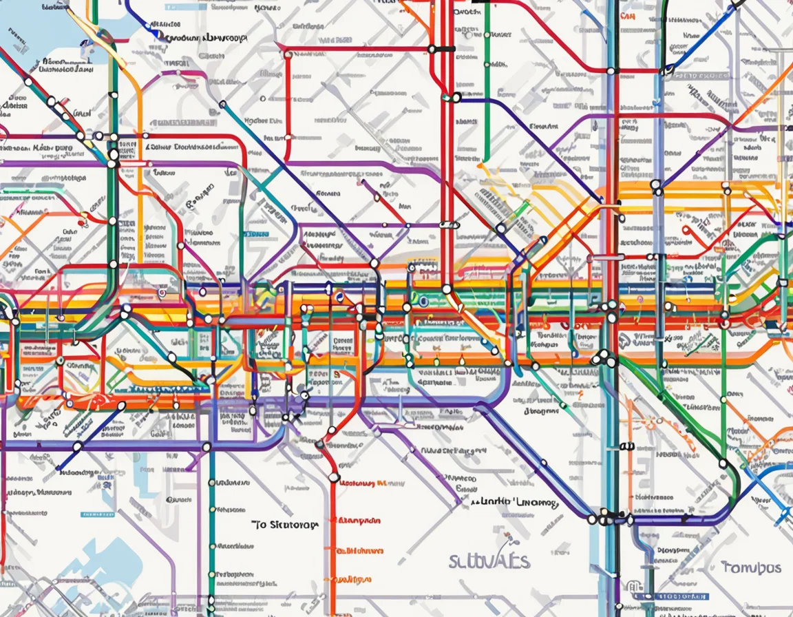 <lora:5ubw4ym4p_SDXL_SGX:1.0>illustration of a 5ubw4ym4p style map of the London subway system, with detailed representation of the subway lines and stations, across London town and suburbs, thick straight lines color-coded, with different colors representing different types of lines and stations, such as red, blue, green, yellow, orange, and purple. simple white background, highly detailed, sharp focus