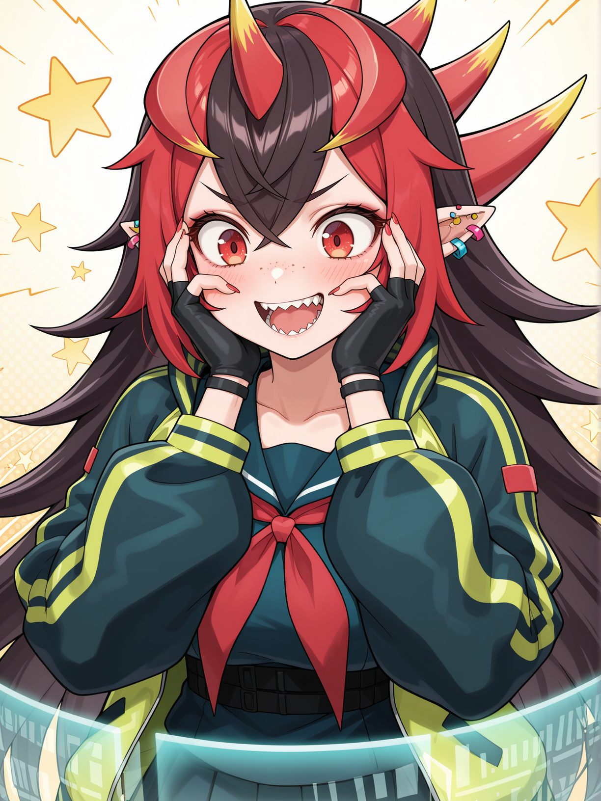 you're finished,oni girl,1girl,solo,sharp teeth,open mouth,smile,hands on own cheeks,red nails,freckles,blush,upper body,star \(symbol\),collarbone,ear piercing,yellow jacket,blue serafuku,red neckerchief,blue pleated skirt,black fingerless gloves,digital number,holographic interface,000,
masterpiece,best quality,amazing quality,very aesthetic,absurdres,newest,<lora:You're Finished illusXL v1:0.74>,