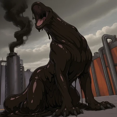 safe_pos, safe_pos, masterpiece, best quality, highly detailed, realistic, SlimeHexxus, 1boy, solo, monster, sludge, goo creature, slime, brown body, eyeless, noseless, factory, smoke, smoke pipes, hazardous area, rooftop, top of building, cloudy, sky, detailed background, smile, open mouth, tongue, black smoke, long neck, low-angle view, (feral, all fours, roaring, brown tail, claws, 4 fingers)
