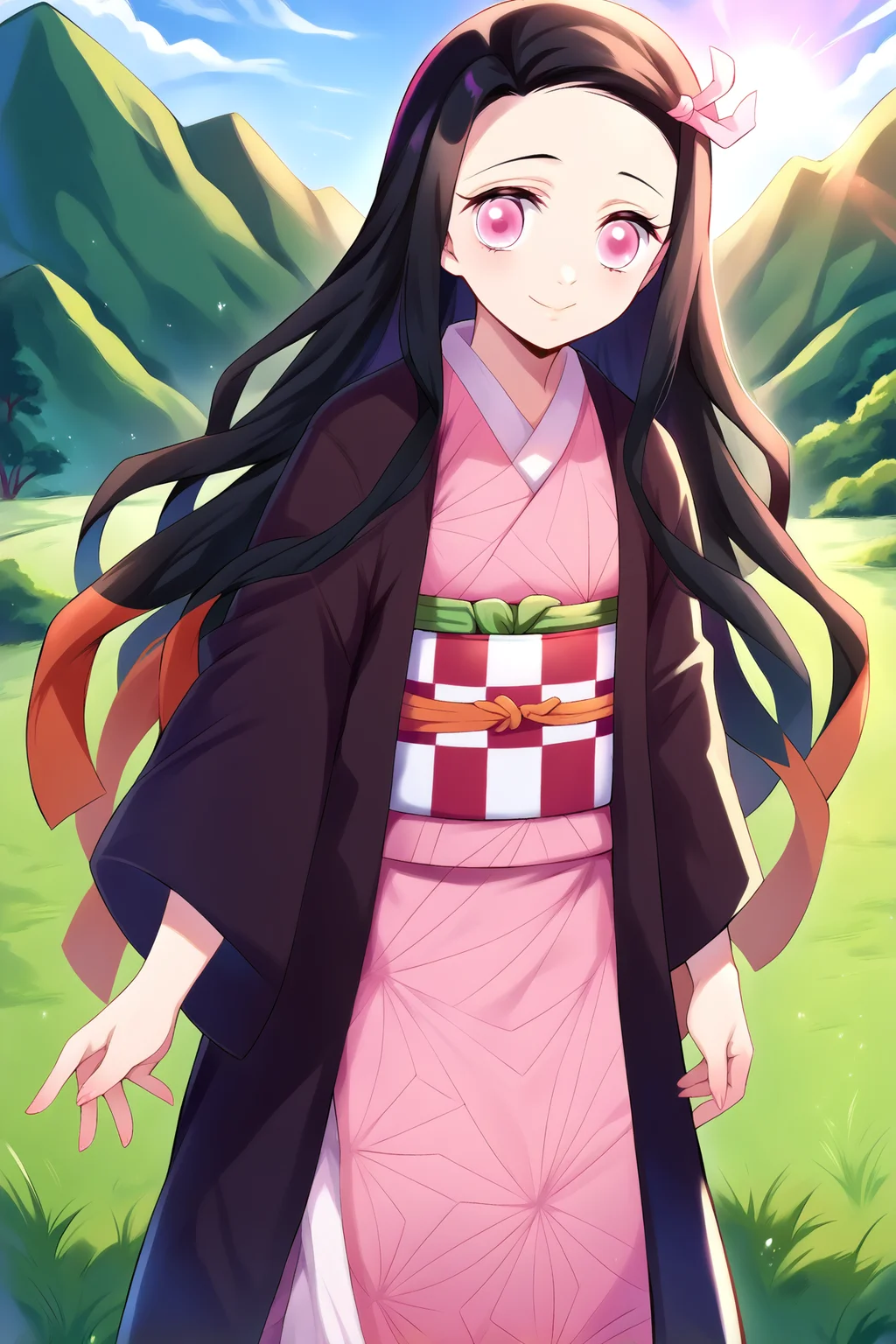 score_9, score_8_up, score_7_up, score_6_up, score_5_up, score_4_up, source_anime,kamado nezuko, pink eyes, 1girl,solo, long hair, black hair. two-tone hair, japanese clothes, checkered obi, pink kimono, looking at viewer, pink hair ribbon, asa no ha \(pattern\), forehead,black haori, standing, grass,hill, dawn, sunlight, happy,smile <lora:Kamado_Nezuko_v1:1>