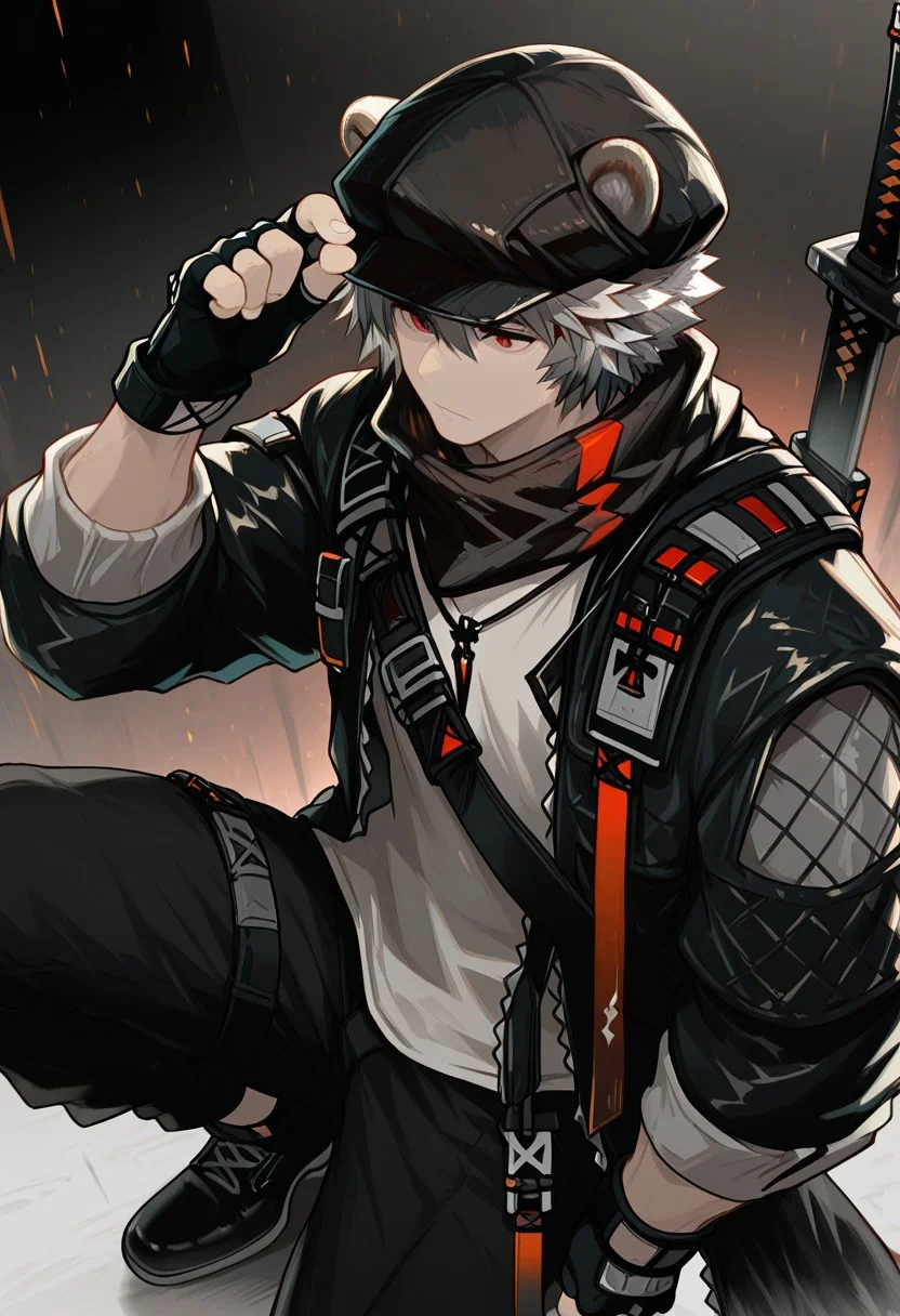 solo, 1boy, male focus, black jacket, red eyes, long sleeves, fingerless gloves, grey hair, black cabbie hat, shirt, black pants, black footwear, sword, sheath, hair between eyes, open jacket, bear_ears,
masterpiece,
