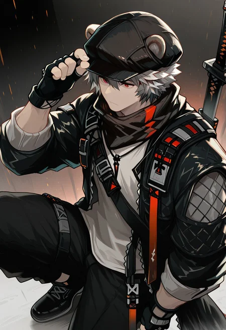 solo, 1boy, male focus, black jacket, red eyes, long sleeves, fingerless gloves, grey hair, black cabbie hat, shirt, black pants, black footwear, sword, sheath, hair between eyes, open jacket, bear_ears,
masterpiece,